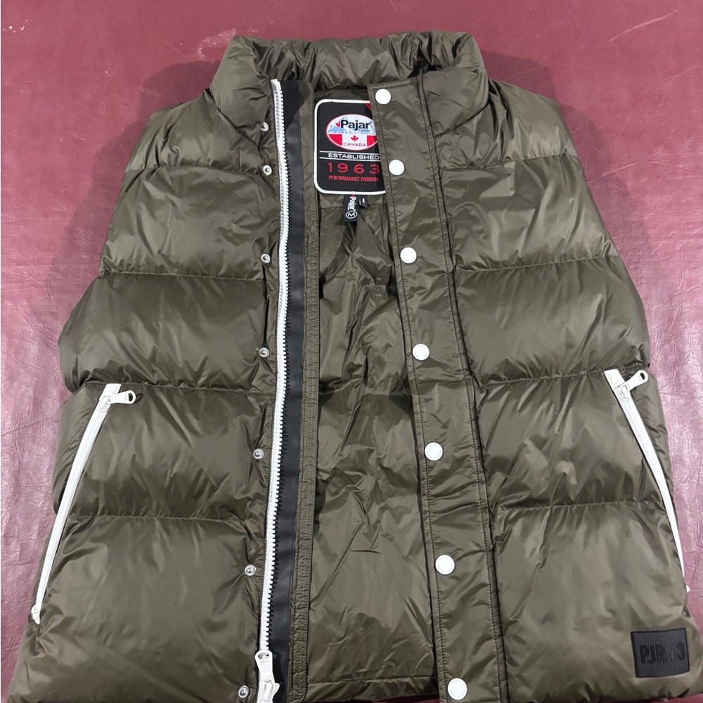 Pajar Khaki Puffer Vest with White Buttons